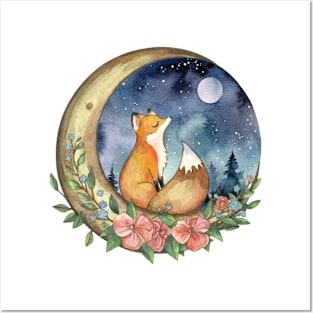 Cottagecore Fox on the Moon Posters and Art